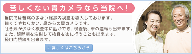 当院では苦痛の少ない経鼻内視鏡を導入しております。細くてやわらかい、鼻からの胃カメラです。吐き気が少なく検査中に話ができ、検査後、車の運転も出来ます。また、鎮静剤を注射して検査を楽に行うことも出来ます。経口内視鏡も出来ます。